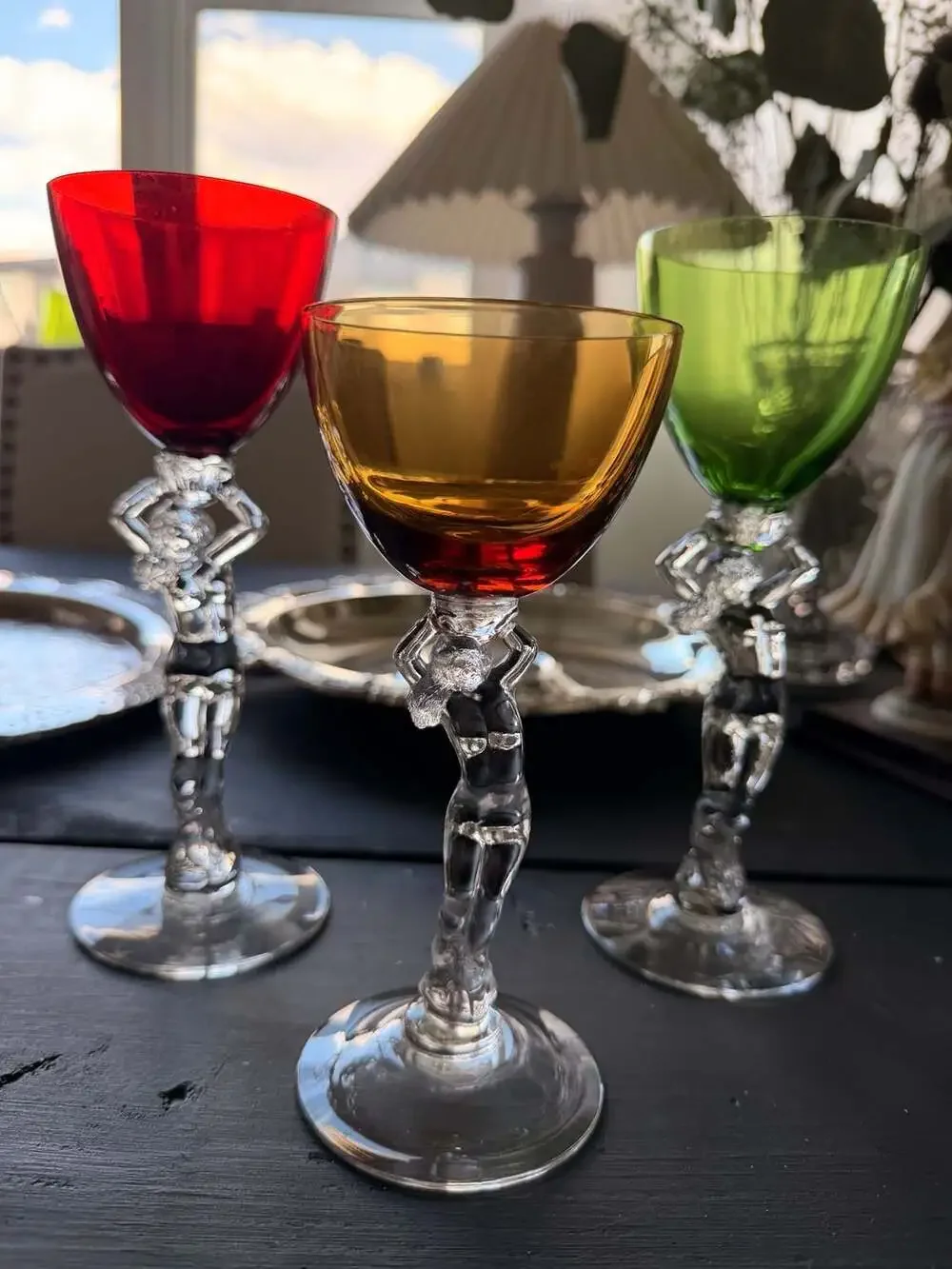 Cambridge Glass Statuesque Nude Lady Stem Multicolor Wine Cocktail Glasses of 3